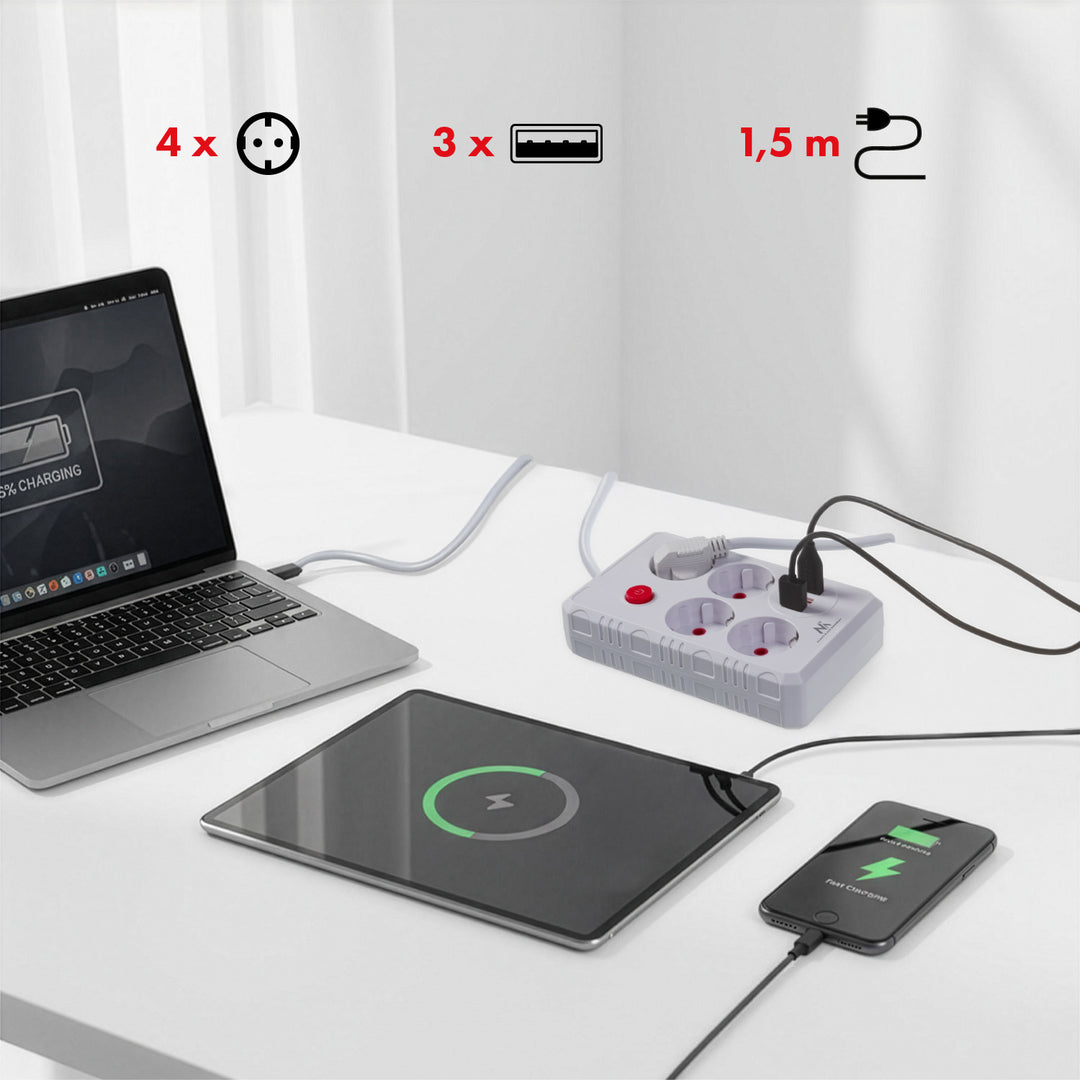 Regleta de enchufes Maclean, cable alargador de 4 tomas + 3xUSB, 110-240 V CA 50/60 Hz, 2,1 A máx. 2500 W, 1,5 m, blanco, MCE392 W