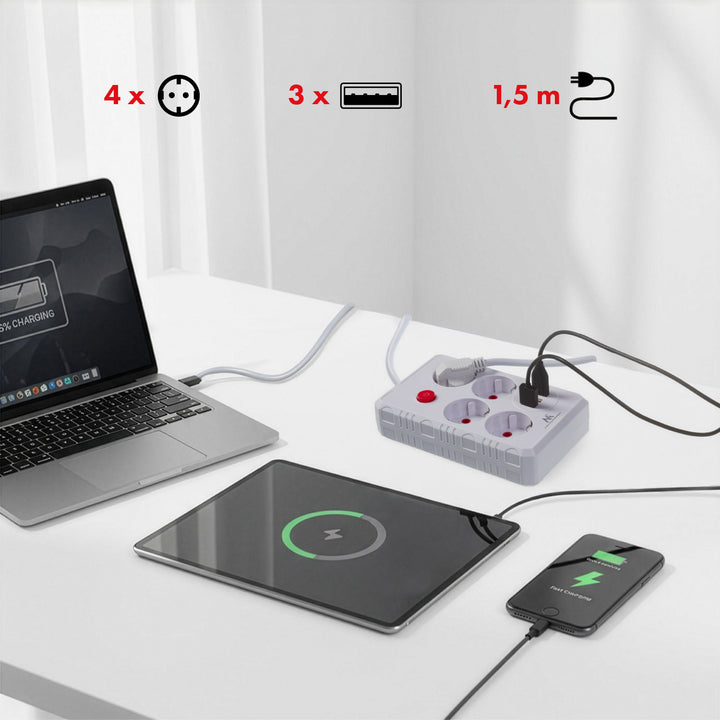 Regleta de enchufes Maclean, cable alargador de 4 tomas + 3xUSB, 110-240 V CA 50/60 Hz, 2,1 A máx. 2500 W, 1,5 m, blanco, MCE392 W