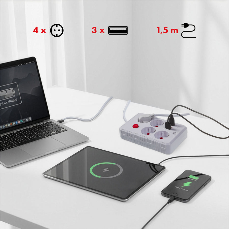 Regleta de enchufes Maclean, cable alargador de 4 tomas + 3xUSB, 110-240 V CA 50/60 Hz, 2,1 A máx. 2500 W, 1,5 m, blanco, MCE392 W