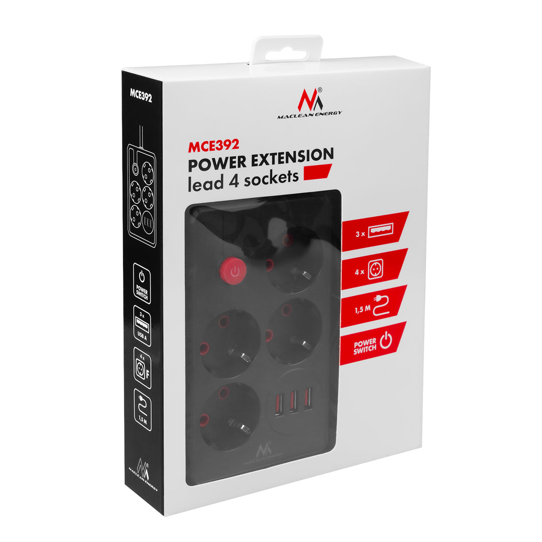 Regleta Maclean, cable alargador de 4 tomas + 3xUSB, 110-240V CA 50/60Hz, 2,1A máx. 2500W, 1,5m, negro, MCE392 B