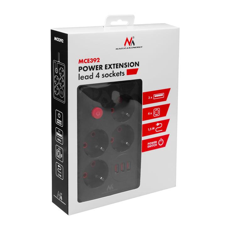 Regleta Maclean, cable alargador de 4 tomas + 3xUSB, 110-240V CA 50/60Hz, 2,1A máx. 2500W, 1,5m, negro, MCE392 B