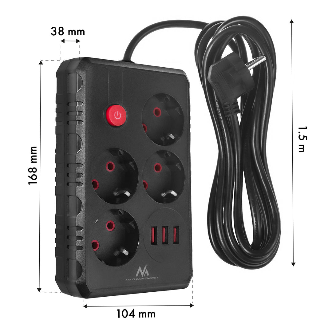 Regleta Maclean, cable alargador de 4 tomas + 3xUSB, 110-240V CA 50/60Hz, 2,1A máx. 2500W, 1,5m, negro, MCE392 B