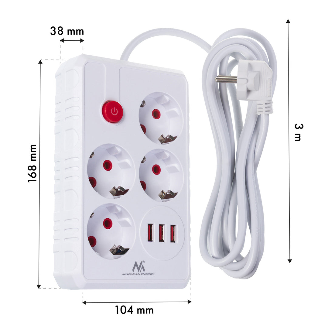 Regleta de enchufes Maclean, cable alargador de 4 tomas + 3xUSB, 110-240 V CA 50/60 Hz, 2,1 A máx. 2500 W, 3 m, blanco, MCE393 W