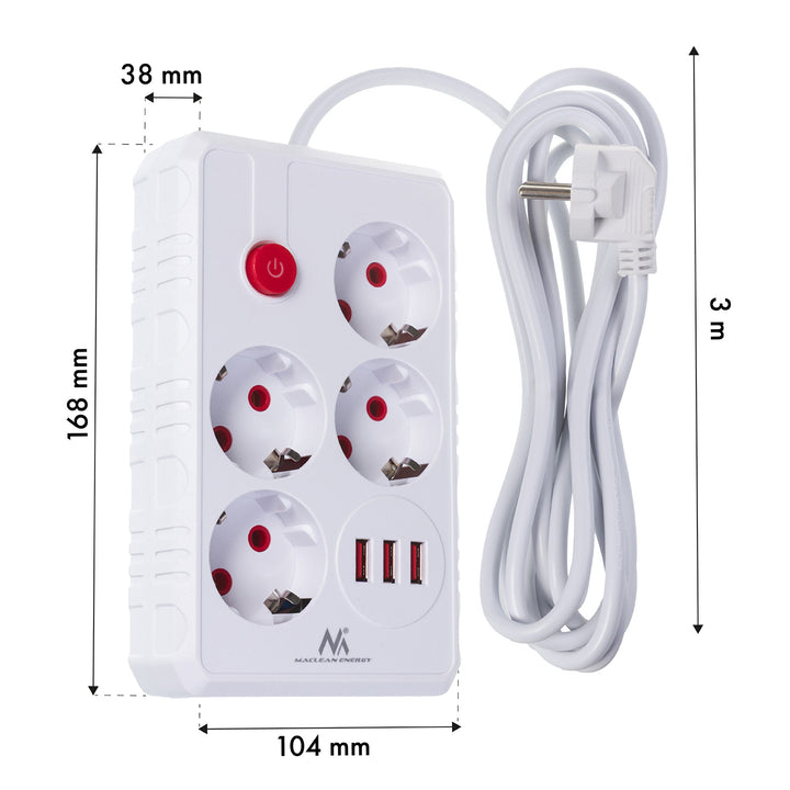 Regleta de enchufes Maclean, cable alargador de 4 tomas + 3xUSB, 110-240 V CA 50/60 Hz, 2,1 A máx. 2500 W, 3 m, blanco, MCE393 W