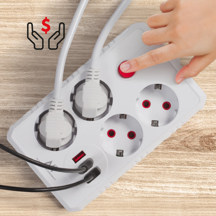 Regleta de enchufes Maclean, cable alargador de 4 tomas + 3xUSB, 110-240 V CA 50/60 Hz, 2,1 A máx. 2500 W, 3 m, blanco, MCE393 W