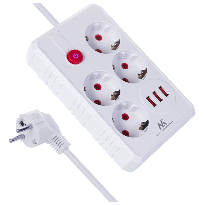 Regleta de enchufes Maclean, cable alargador de 4 tomas + 3xUSB, 110-240 V CA 50/60 Hz, 2,1 A máx. 2500 W, 3 m, blanco, MCE393 W