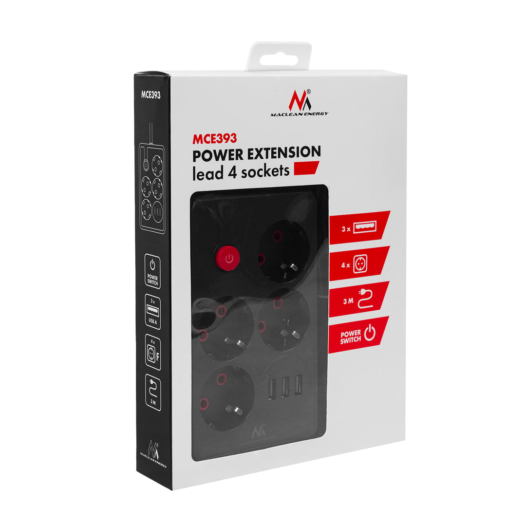 Regleta Maclean, cable alargador de 4 tomas + 3xUSB, 110-240V CA 50/60Hz, 2,1A máx. 2500W, 3m, negro, MCE393 B