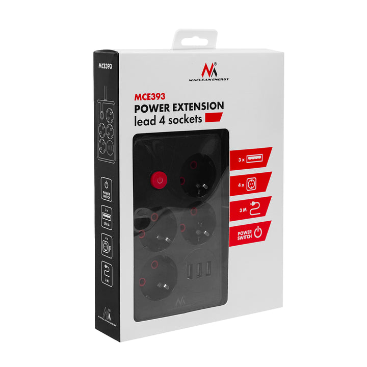 Regleta Maclean, cable alargador de 4 tomas + 3xUSB, 110-240V CA 50/60Hz, 2,1A máx. 2500W, 3m, negro, MCE393 B