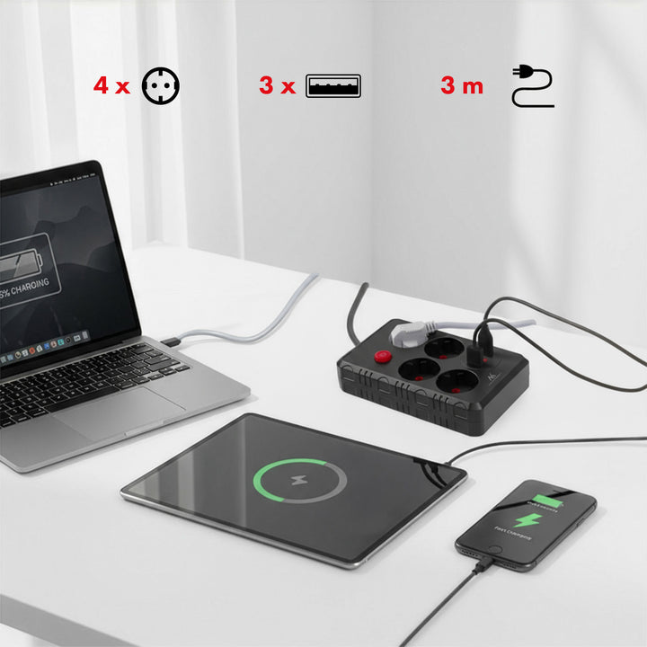 Regleta Maclean, cable alargador de 4 tomas + 3xUSB, 110-240V CA 50/60Hz, 2,1A máx. 2500W, 3m, negro, MCE393 B