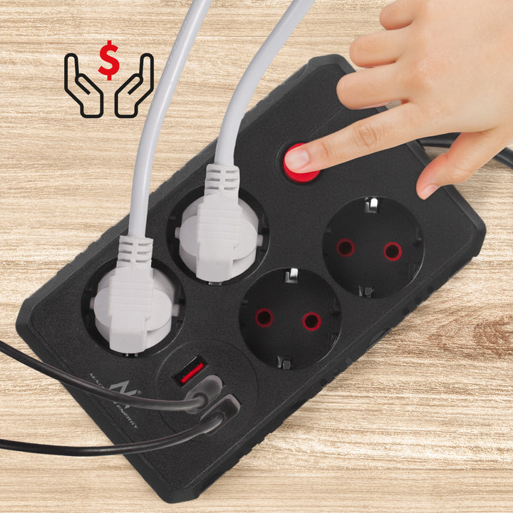 Regleta Maclean, cable alargador de 4 tomas + 3xUSB, 110-240V CA 50/60Hz, 2,1A máx. 2500W, 3m, negro, MCE393 B