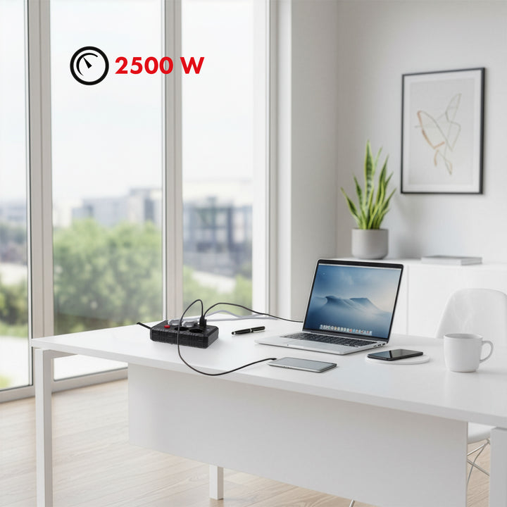 Regleta Maclean, cable alargador de 4 tomas + 3xUSB, 110-240V CA 50/60Hz, 2,1A máx. 2500W, 3m, negro, MCE393 B