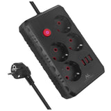 Regleta Maclean, cable alargador de 4 tomas + 3xUSB, 110-240V CA 50/60Hz, 2,1A máx. 2500W, 3m, negro, MCE393 B
