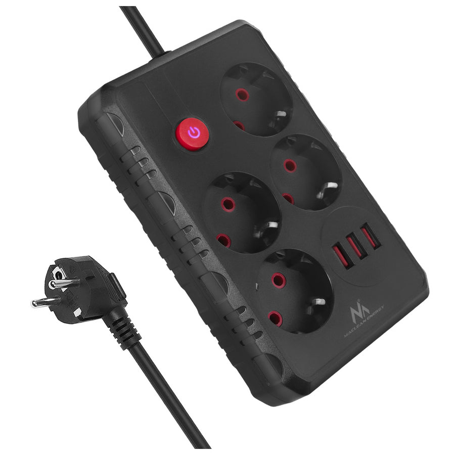 Regleta Maclean, cable alargador de 4 tomas + 3xUSB, 110-240V CA 50/60Hz, 2,1A máx. 2500W, 3m, negro, MCE393 B