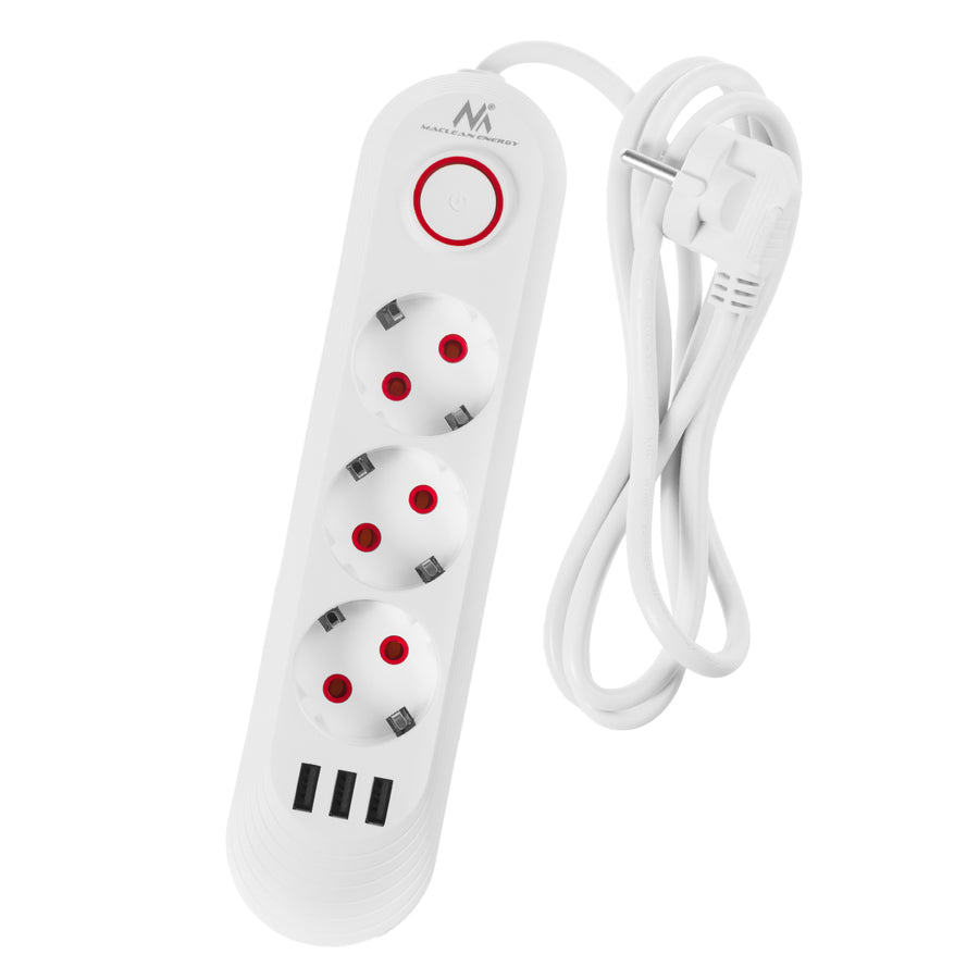 Regleta de enchufes Maclean, cable alargador de 3 tomas + 3xUSB, 110-240 V CA 50/60 Hz, 2,1 A máx. 2500 W, 1,5 m, blanco, MCE394 W
