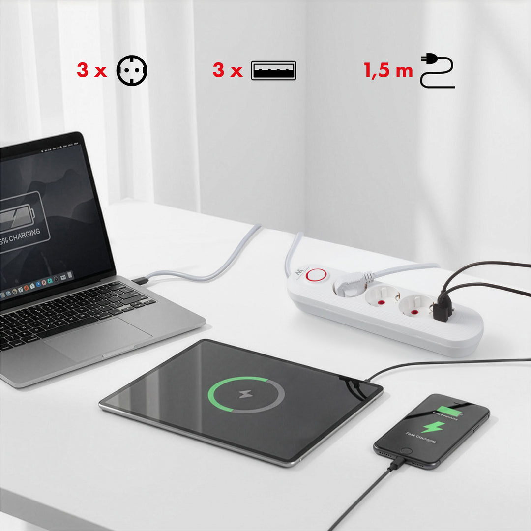 Regleta de enchufes Maclean, cable alargador de 3 tomas + 3xUSB, 110-240 V CA 50/60 Hz, 2,1 A máx. 2500 W, 1,5 m, blanco, MCE394 W