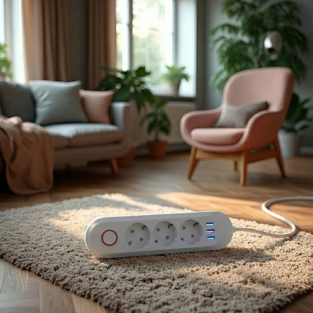 Regleta de enchufes Maclean, cable alargador de 3 tomas + 3xUSB, 110-240 V CA 50/60 Hz, 2,1 A máx. 2500 W, 1,5 m, blanco, MCE394 W