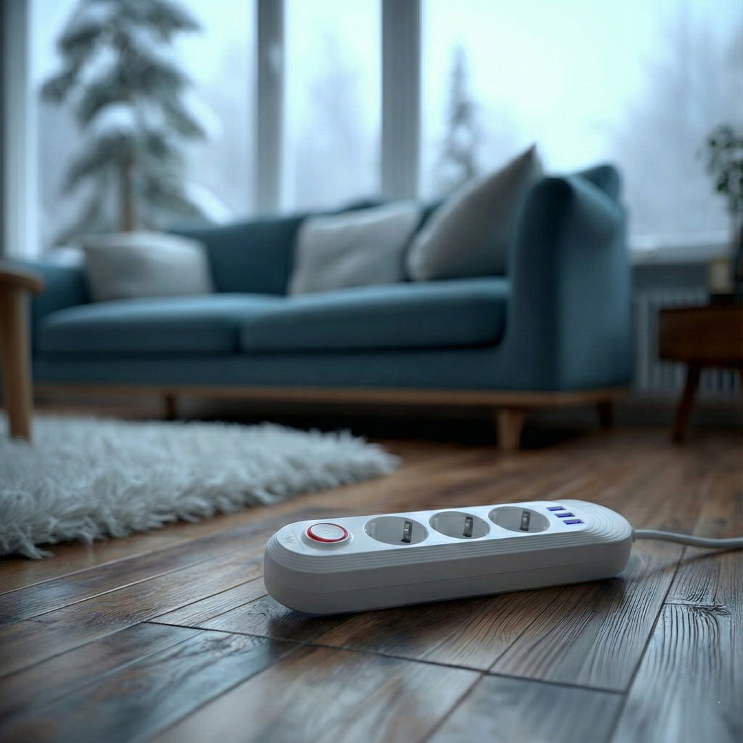 Regleta de enchufes Maclean, cable alargador de 3 tomas + 3xUSB, 110-240 V CA 50/60 Hz, 2,1 A máx. 2500 W, 1,5 m, blanco, MCE394 W