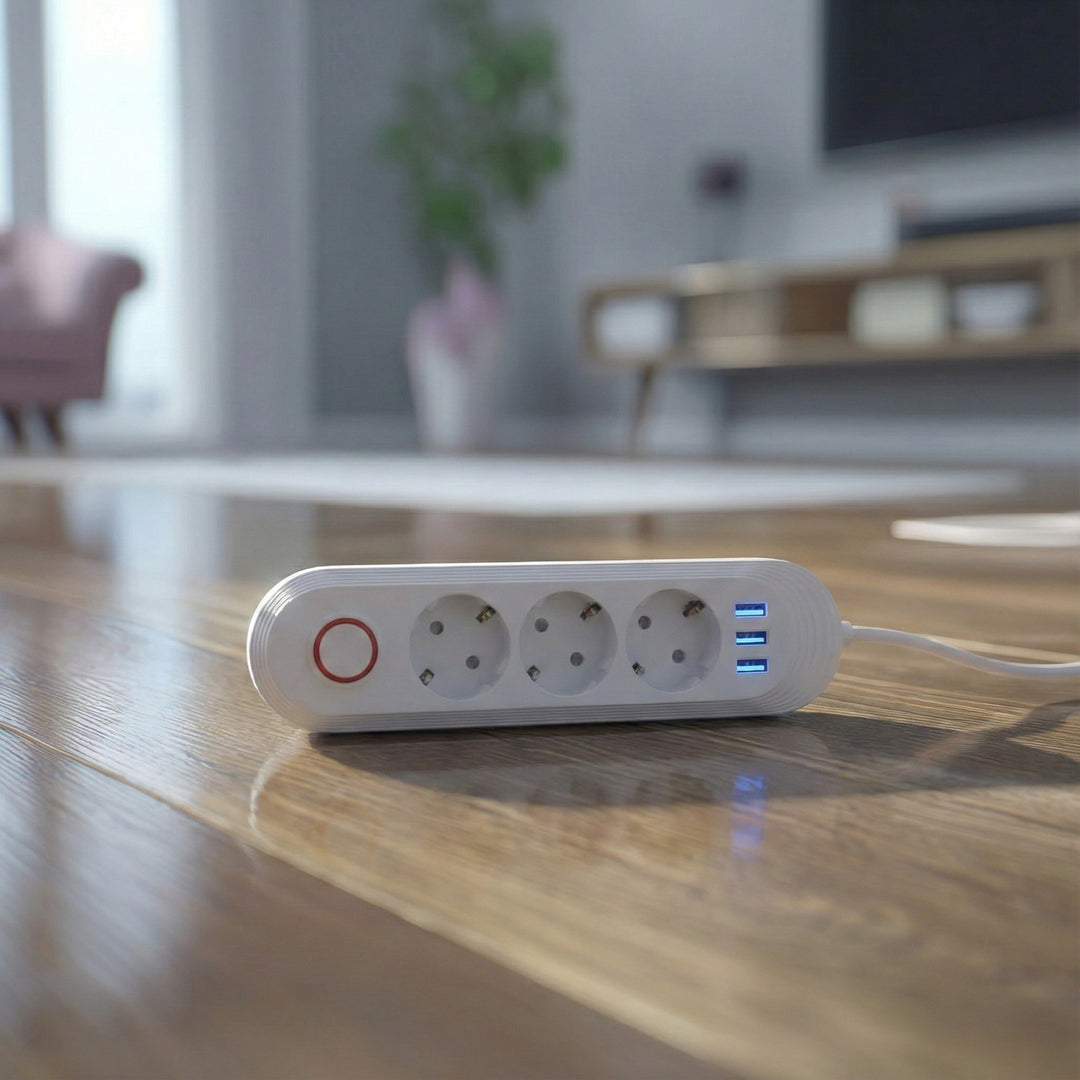 Regleta de enchufes Maclean, cable alargador de 3 tomas + 3xUSB, 110-240 V CA 50/60 Hz, 2,1 A máx. 2500 W, 1,5 m, blanco, MCE394 W