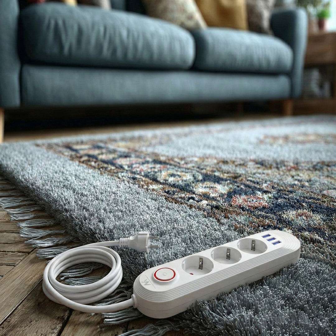 Regleta de enchufes Maclean, cable alargador de 3 tomas + 3xUSB, 110-240 V CA 50/60 Hz, 2,1 A máx. 2500 W, 1,5 m, blanco, MCE394 W