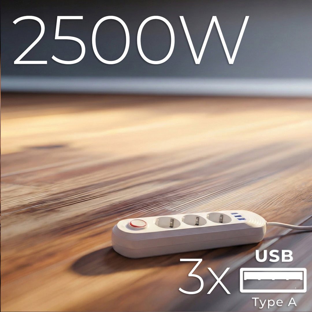 Regleta de enchufes Maclean, cable alargador de 3 tomas + 3xUSB, 110-240 V CA 50/60 Hz, 2,1 A máx. 2500 W, 1,5 m, blanco, MCE394 W