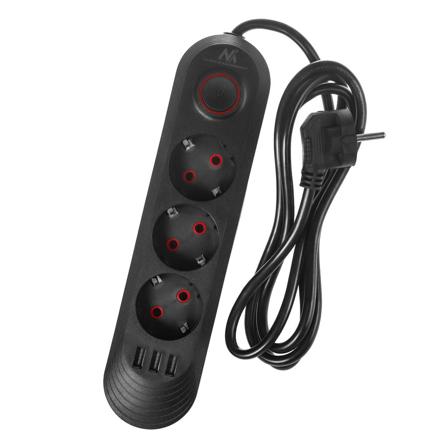 Regleta de enchufes Maclean, cable alargador de 3 tomas + 3xUSB, 110-240V CA 50/60Hz, 2,1A máx. 2500W, 1,5m, negro, MCE394 B