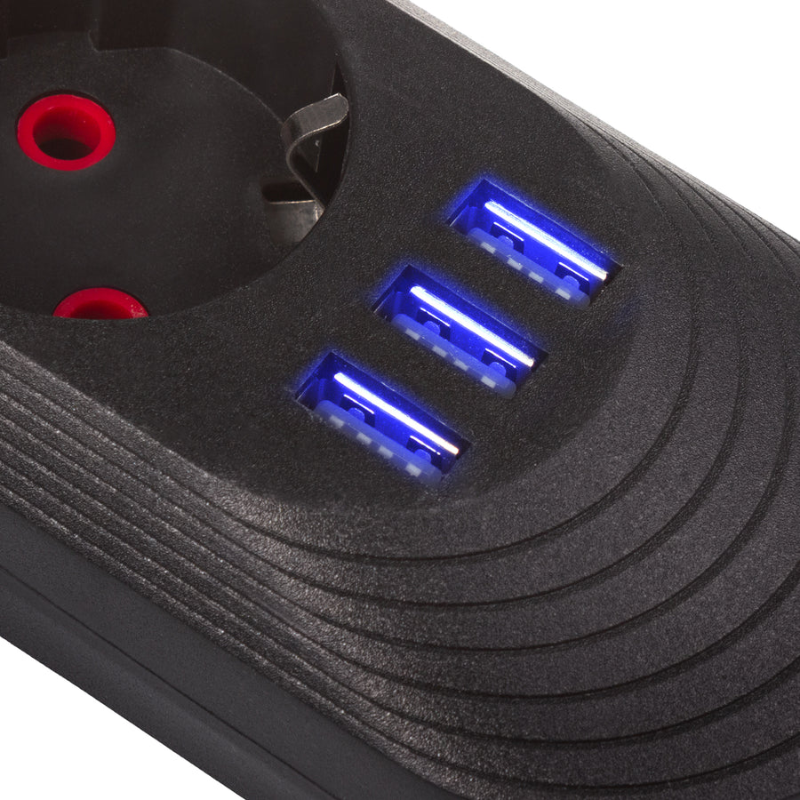 Regleta de enchufes Maclean, cable alargador de 3 tomas + 3xUSB, 110-240V CA 50/60Hz, 2,1A máx. 2500W, 1,5m, negro, MCE394 B