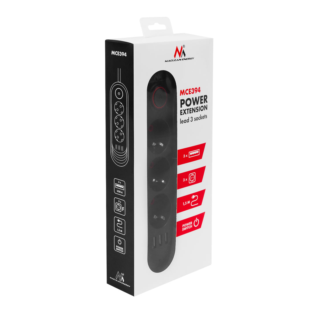 Regleta de enchufes Maclean, cable alargador de 3 tomas + 3xUSB, 110-240V CA 50/60Hz, 2,1A máx. 2500W, 1,5m, negro, MCE394 B