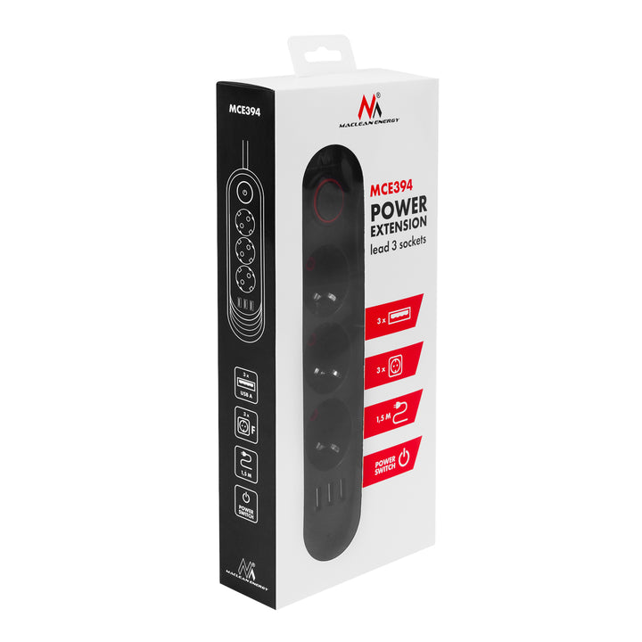 Regleta de enchufes Maclean, cable alargador de 3 tomas + 3xUSB, 110-240V CA 50/60Hz, 2,1A máx. 2500W, 1,5m, negro, MCE394 B