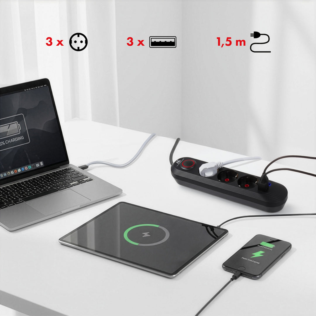 Regleta de enchufes Maclean, cable alargador de 3 tomas + 3xUSB, 110-240V CA 50/60Hz, 2,1A máx. 2500W, 1,5m, negro, MCE394 B