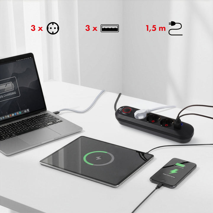 Regleta de enchufes Maclean, cable alargador de 3 tomas + 3xUSB, 110-240V CA 50/60Hz, 2,1A máx. 2500W, 1,5m, negro, MCE394 B