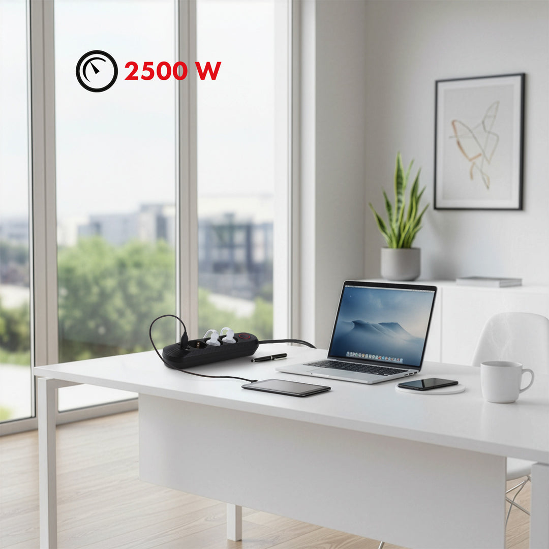 Regleta de enchufes Maclean, cable alargador de 3 tomas + 3xUSB, 110-240V CA 50/60Hz, 2,1A máx. 2500W, 1,5m, negro, MCE394 B