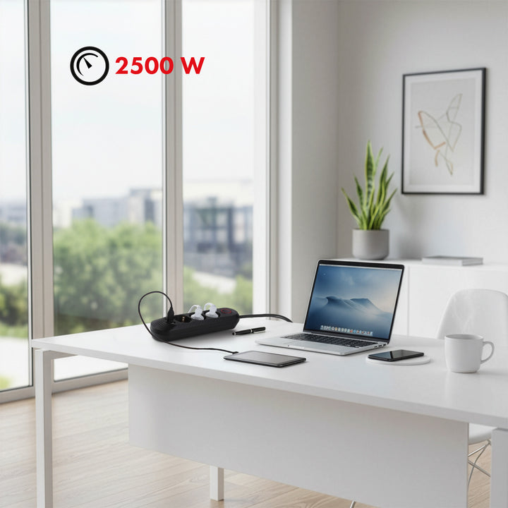 Regleta de enchufes Maclean, cable alargador de 3 tomas + 3xUSB, 110-240V CA 50/60Hz, 2,1A máx. 2500W, 1,5m, negro, MCE394 B