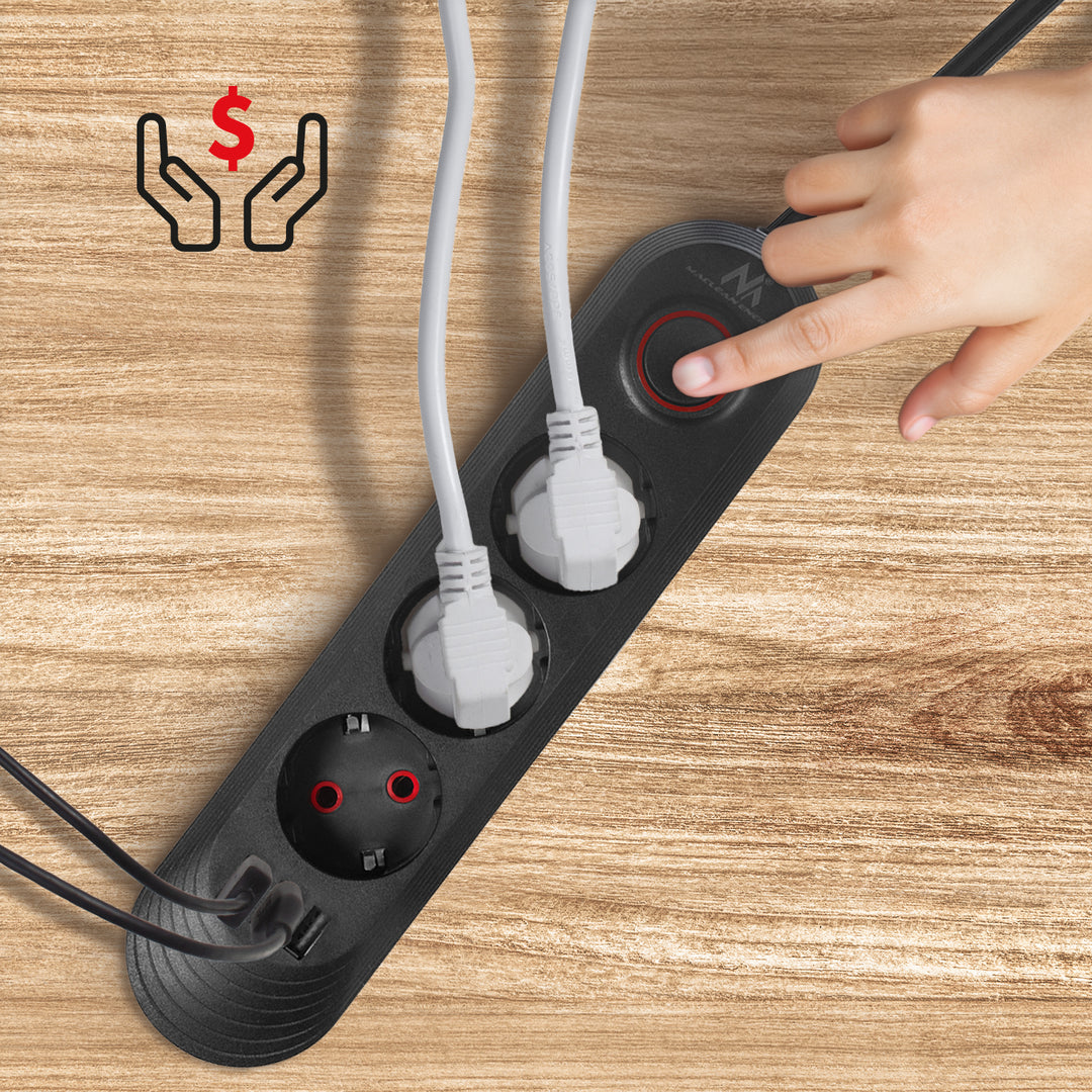 Regleta de enchufes Maclean, cable alargador de 3 tomas + 3xUSB, 110-240V CA 50/60Hz, 2,1A máx. 2500W, 1,5m, negro, MCE394 B