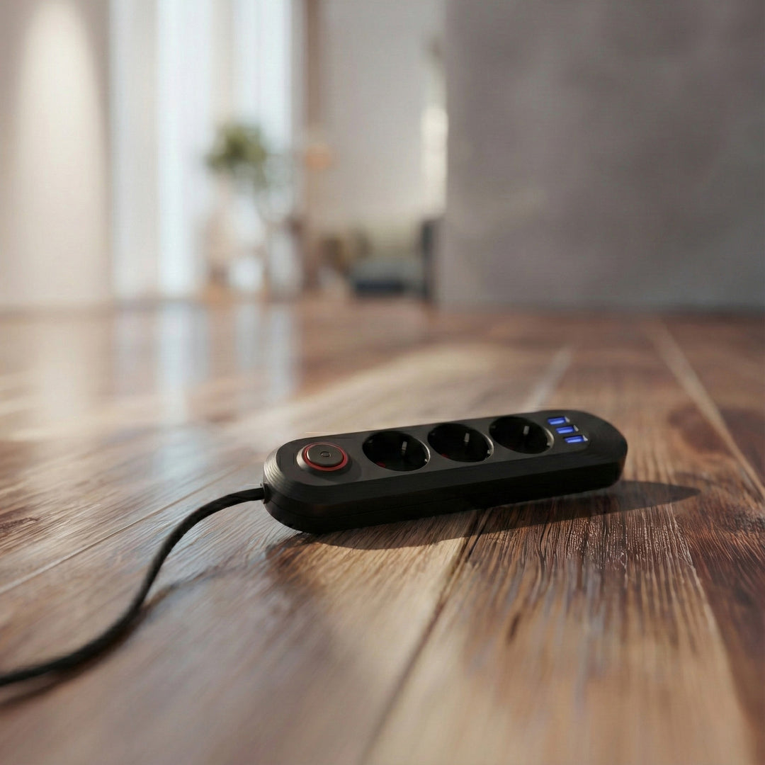 Regleta de enchufes Maclean, cable alargador de 3 tomas + 3xUSB, 110-240V CA 50/60Hz, 2,1A máx. 2500W, 1,5m, negro, MCE394 B