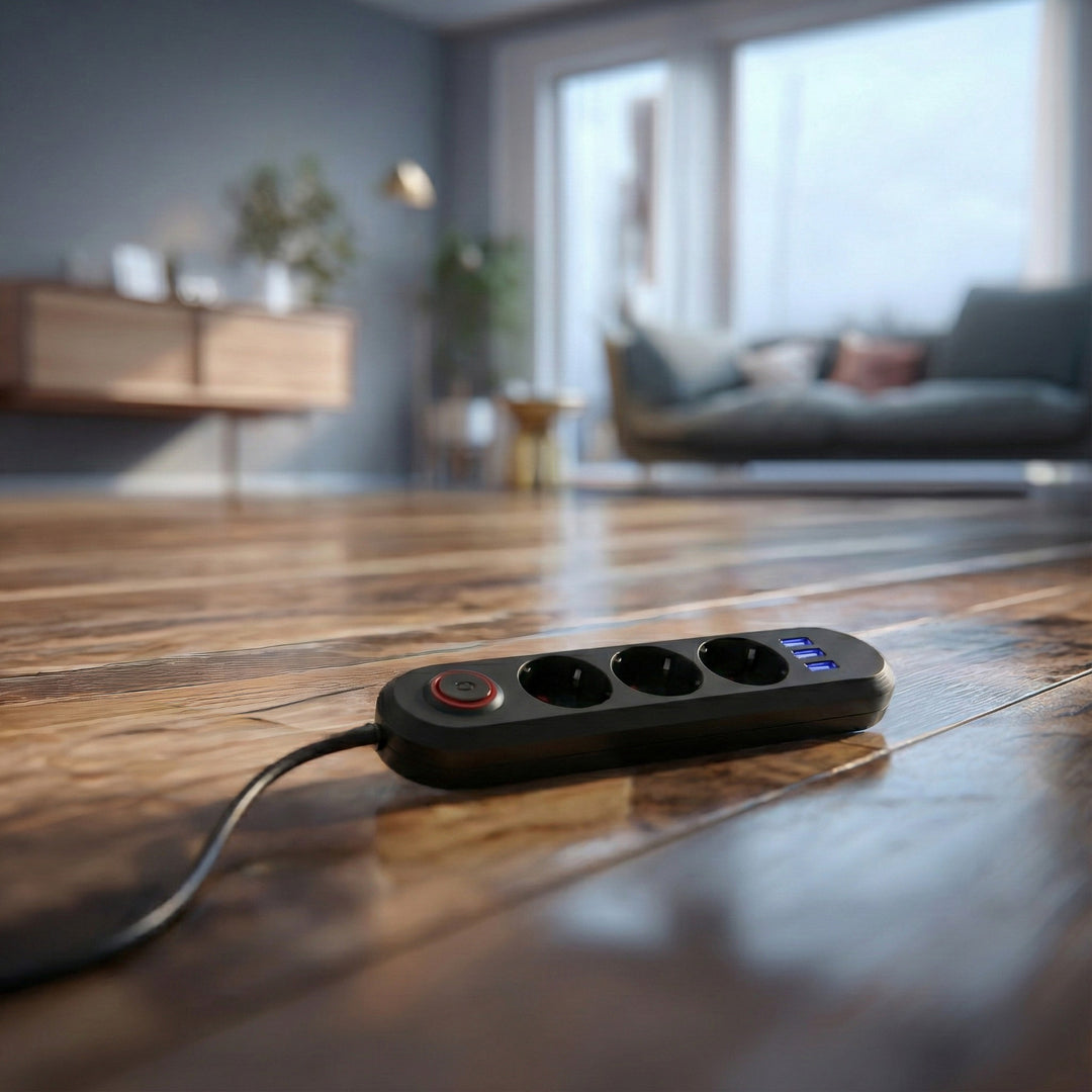 Regleta de enchufes Maclean, cable alargador de 3 tomas + 3xUSB, 110-240V CA 50/60Hz, 2,1A máx. 2500W, 1,5m, negro, MCE394 B