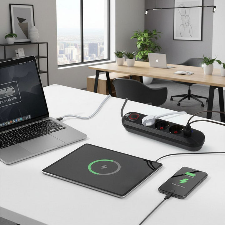 Regleta de enchufes Maclean, cable alargador de 3 tomas + 3xUSB, 110-240V CA 50/60Hz, 2,1A máx. 2500W, 1,5m, negro, MCE394 B