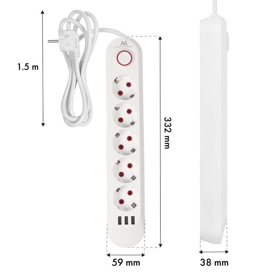 Regleta de enchufes Maclean, cable alargador de 5 tomas + 3xUSB, 110-240 V CA 50/60 Hz, 2,1 A máx. 2500 W, 1,5 m, blanco, MCE395 W
