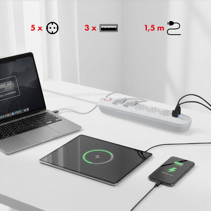 Regleta de enchufes Maclean, cable alargador de 5 tomas + 3xUSB, 110-240 V CA 50/60 Hz, 2,1 A máx. 2500 W, 1,5 m, blanco, MCE395 W