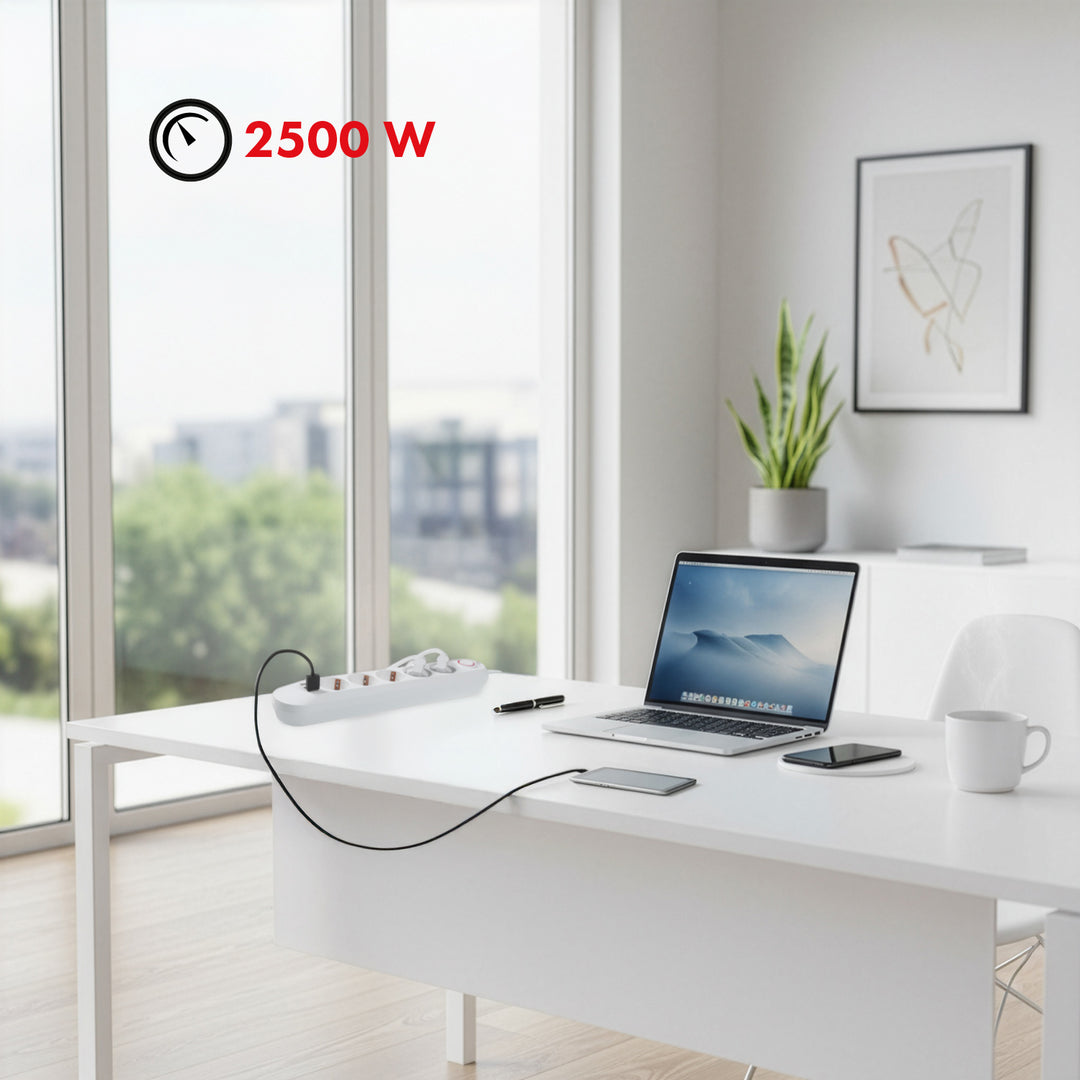 Regleta de enchufes Maclean, cable alargador de 5 tomas + 3xUSB, 110-240 V CA 50/60 Hz, 2,1 A máx. 2500 W, 1,5 m, blanco, MCE395 W