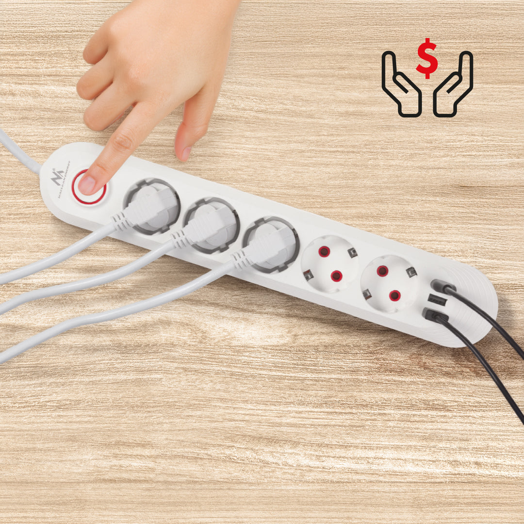 Regleta de enchufes Maclean, cable alargador de 5 tomas + 3xUSB, 110-240 V CA 50/60 Hz, 2,1 A máx. 2500 W, 1,5 m, blanco, MCE395 W