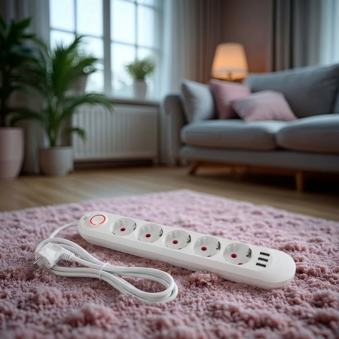 Regleta de enchufes Maclean, cable alargador de 5 tomas + 3xUSB, 110-240 V CA 50/60 Hz, 2,1 A máx. 2500 W, 1,5 m, blanco, MCE395 W