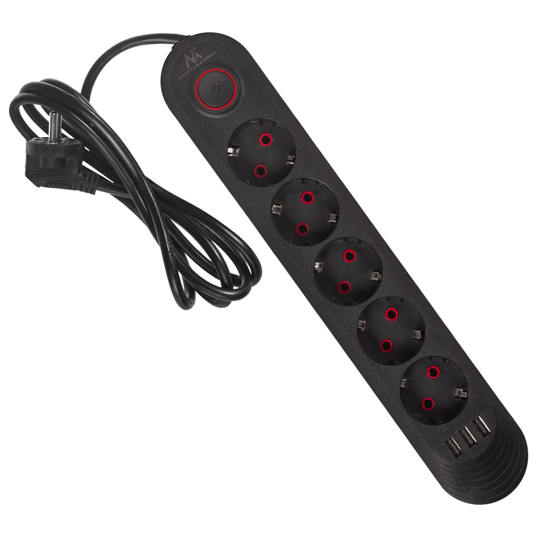 Regleta Maclean, cable de extensión de 5 tomas + 3xUSB, 110-240V CA 50/60Hz, 2,1A máx. 2500W, 1,5m, negro, MCE395 B