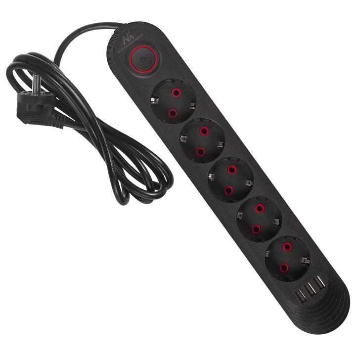 Regleta Maclean, cable de extensión de 5 tomas + 3xUSB, 110-240V CA 50/60Hz, 2,1A máx. 2500W, 1,5m, negro, MCE395 B