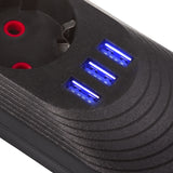Regleta Maclean, cable de extensión de 5 tomas + 3xUSB, 110-240V CA 50/60Hz, 2,1A máx. 2500W, 1,5m, negro, MCE395 B
