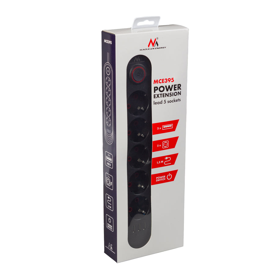 Regleta Maclean, cable de extensión de 5 tomas + 3xUSB, 110-240V CA 50/60Hz, 2,1A máx. 2500W, 1,5m, negro, MCE395 B