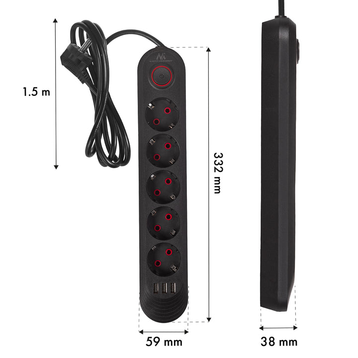 Regleta Maclean, cable de extensión de 5 tomas + 3xUSB, 110-240V CA 50/60Hz, 2,1A máx. 2500W, 1,5m, negro, MCE395 B