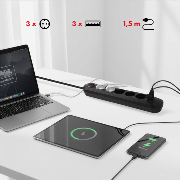 Regleta Maclean, cable de extensión de 5 tomas + 3xUSB, 110-240V CA 50/60Hz, 2,1A máx. 2500W, 1,5m, negro, MCE395 B