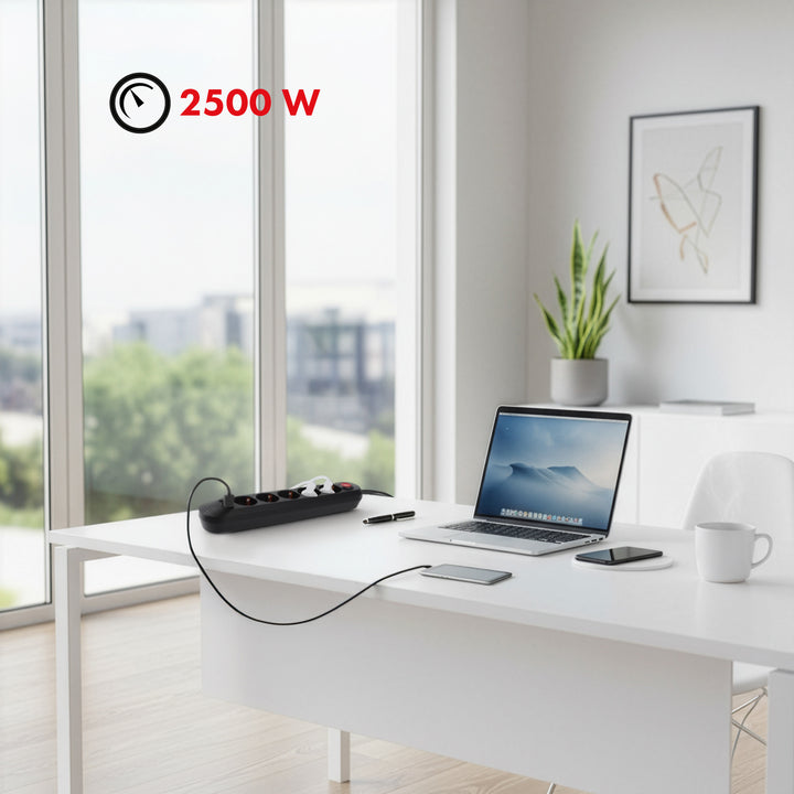 Regleta Maclean, cable de extensión de 5 tomas + 3xUSB, 110-240V CA 50/60Hz, 2,1A máx. 2500W, 1,5m, negro, MCE395 B