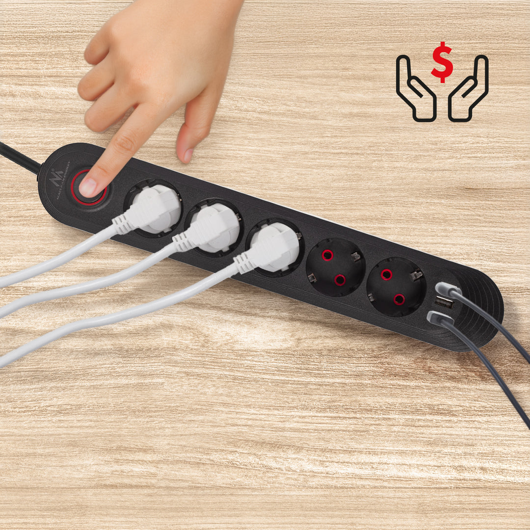Regleta Maclean, cable de extensión de 5 tomas + 3xUSB, 110-240V CA 50/60Hz, 2,1A máx. 2500W, 1,5m, negro, MCE395 B