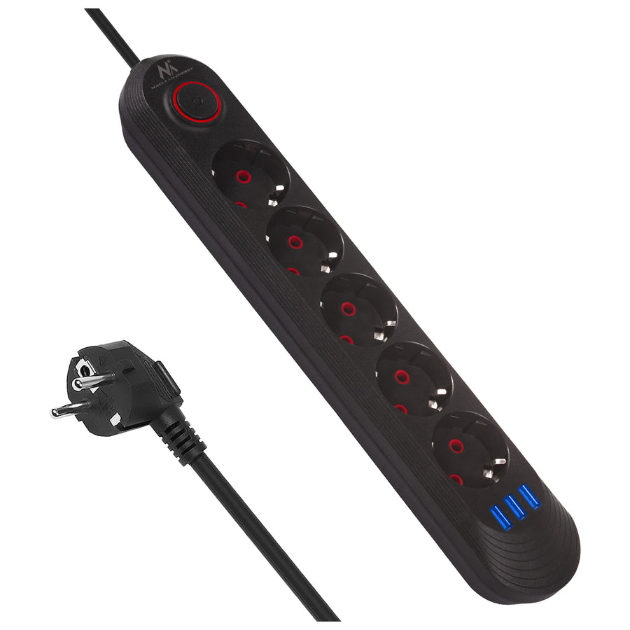 Regleta Maclean, cable de extensión de 5 tomas + 3xUSB, 110-240V CA 50/60Hz, 2,1A máx. 2500W, 1,5m, negro, MCE395 B
